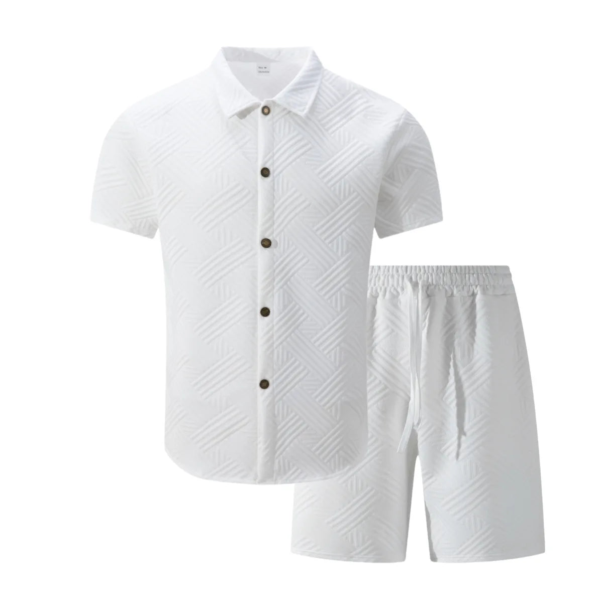 Conjunto Casual Masculino de Verão 2026: Camisa de Manga Curta com Gola Lapela em Tricô Waffle Jacquard de Cor Sólida e Shorts - Lançamento Quente!