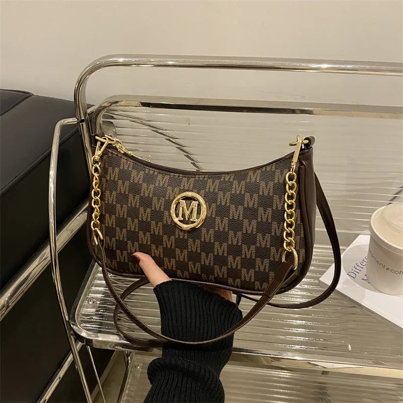 Bolsa crossbody estilo vintage, bolsa mensageiro de ombro de couro pu com design de letra dourada 'M', bolsa tote de couro sintético, bolsa
