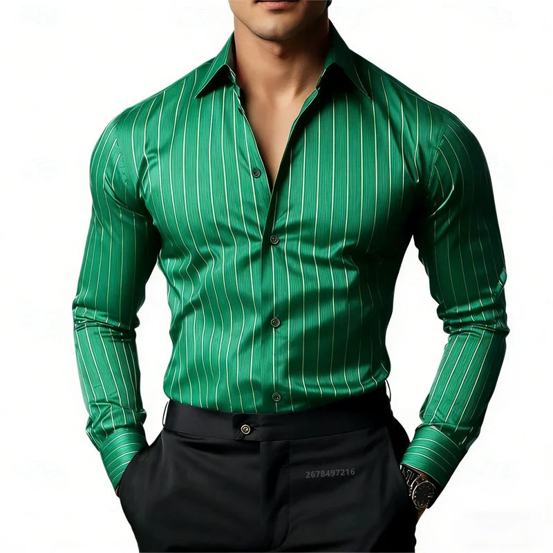 Camisa masculina listrada de manga comprida, business casual, versátil, com gola lapela e design de botão, disponível em 19 cores.