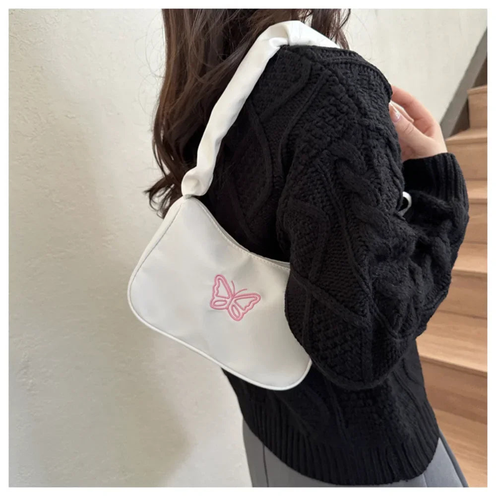 Bordado bowknot borboleta bolsa de ombro y2k-estilo plissado alça náilon arco sacola maquiagem batom bolsa nova