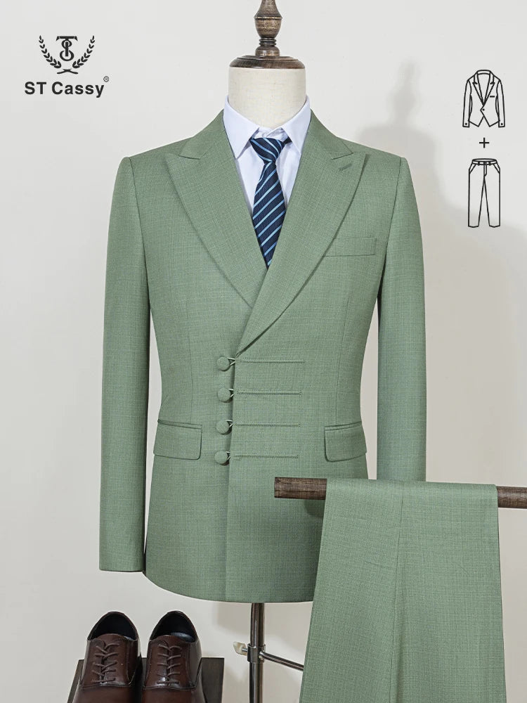 Terno masculino elegante ST Cassy para casamento, cinza, slim fit, trespassado, com vários botões, casual, para negócios, conjunto de 2 peças para festa.