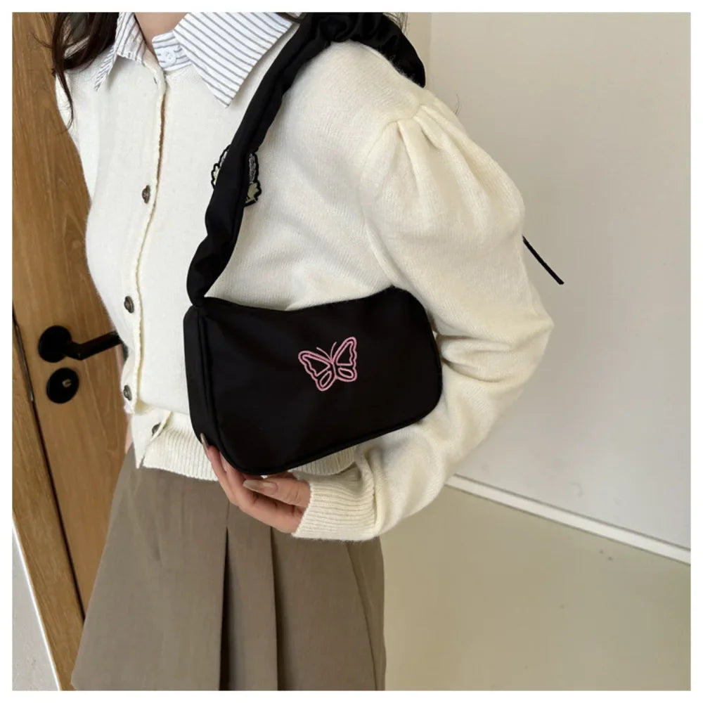 Bordado bowknot borboleta bolsa de ombro y2k-estilo plissado alça náilon arco sacola maquiagem batom bolsa nova