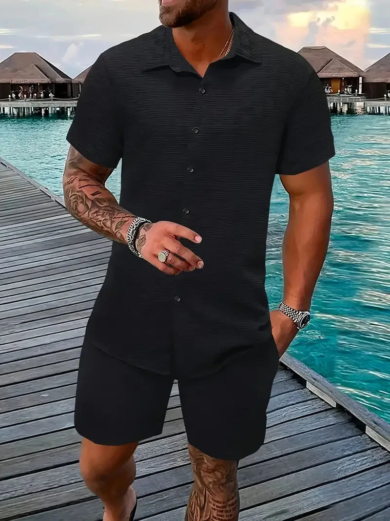 2025 novo verão masculino de manga curta terno lapela moda casual praia listrado terno xadrez