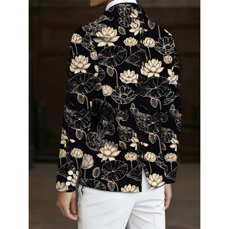 Traje Masculino Estampado com Padrão Lótus 2026, Estilo Retrô Moderno, Estampa Total, Perfeito para Festas ao Ar Livre
