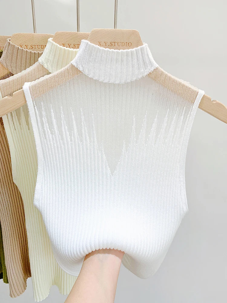 Top de malha de malha feminina y2k regata meio pescoço colete feminino sem mangas camisola chique corte streetwear sólido magro tubo topo