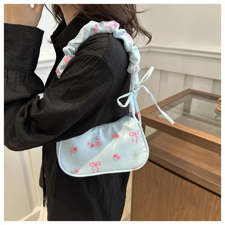 Bolsas femininas nova doce impressão bolsas de lona coreano floral arco impresso zíper sacola feminina pequena bolsa de ombro