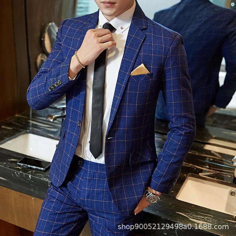 Terno de casamento xadrez fino ajuste masculino jaqueta estilo coreano negócios casual terno único breasted com conjunto de padrinhos de casamento wear