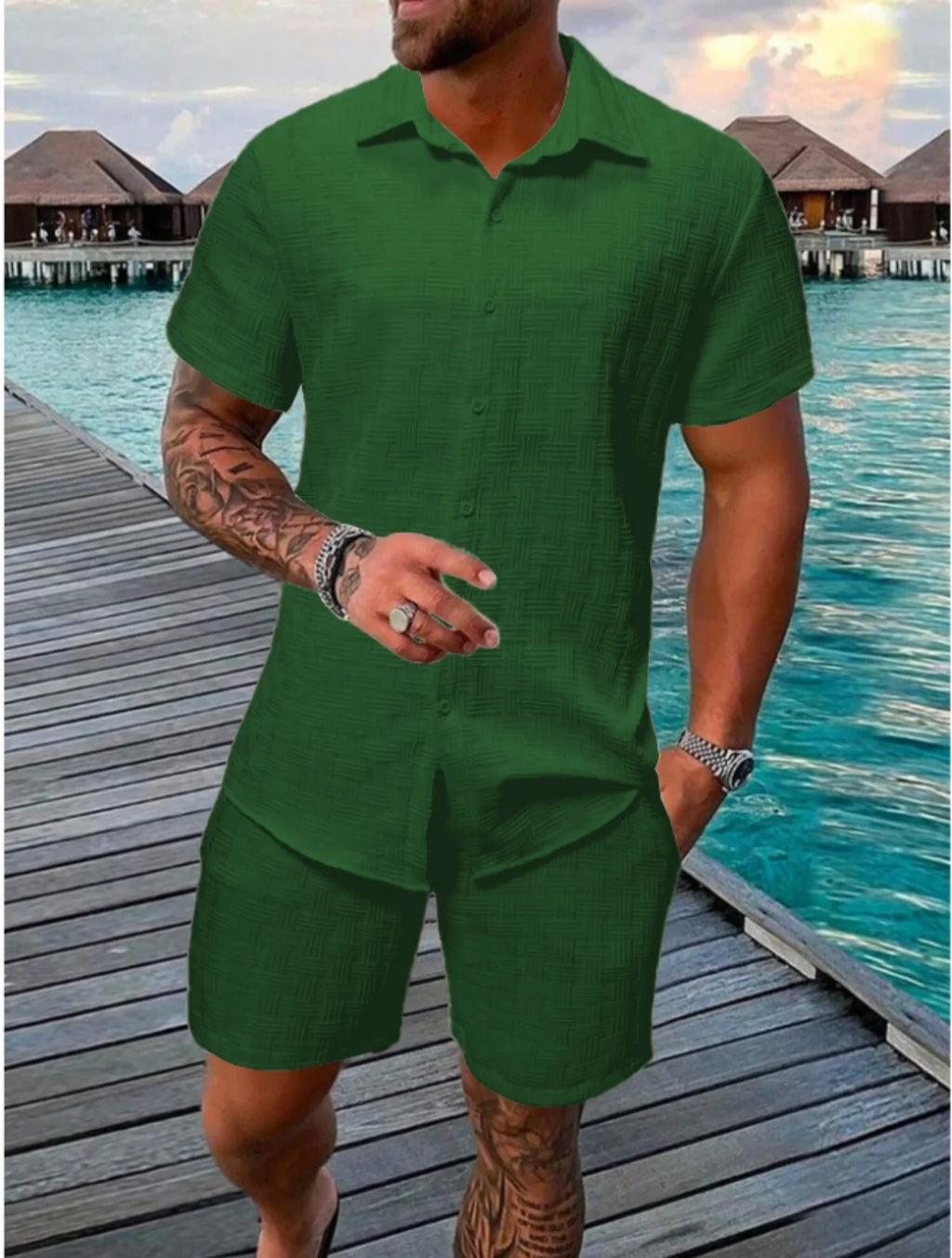 2025 novo verão masculino de manga curta terno lapela moda casual praia listrado terno xadrez