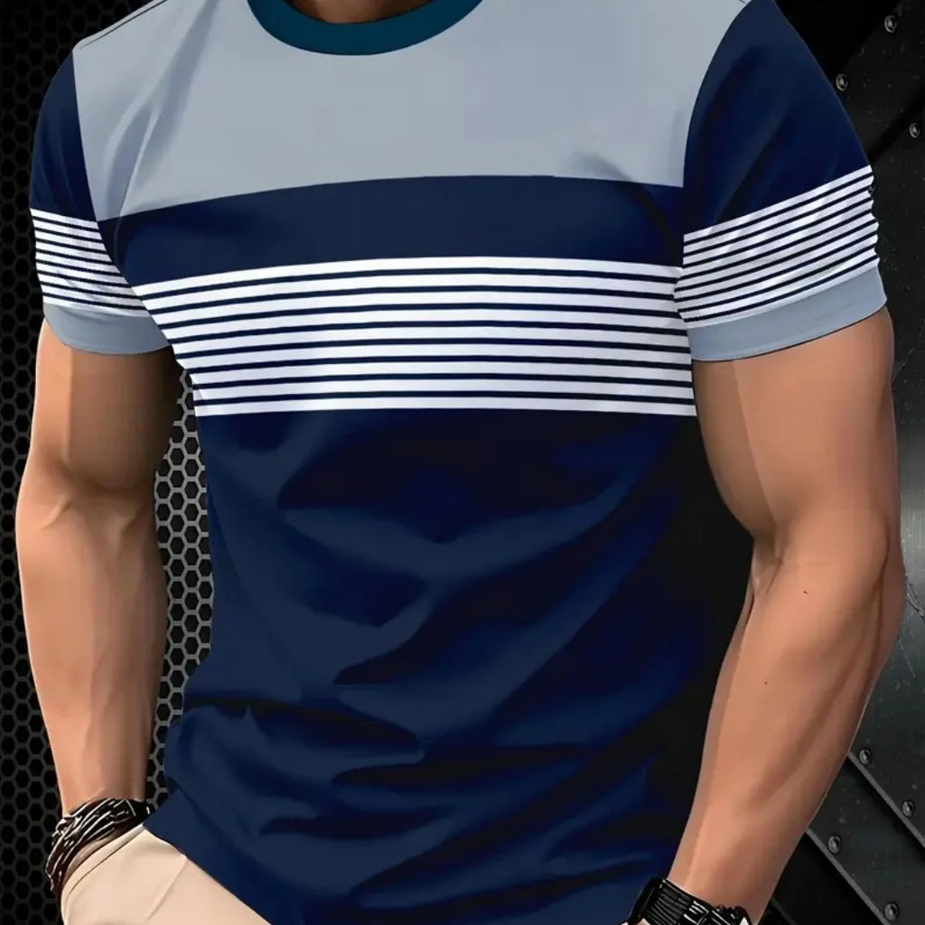 Camiseta de grandes dimensões masculina t camisa verão moda casual em torno do pescoço manga curta topo listrado impresso roupas masculinas camiseta