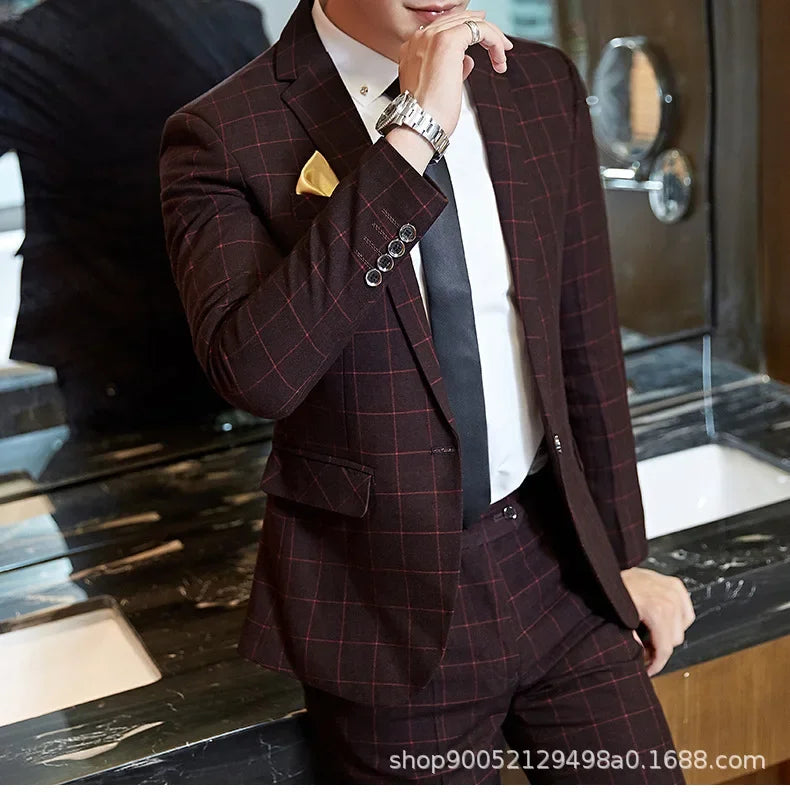 Terno de casamento xadrez fino ajuste masculino jaqueta estilo coreano negócios casual terno único breasted com conjunto de padrinhos de casamento wear
