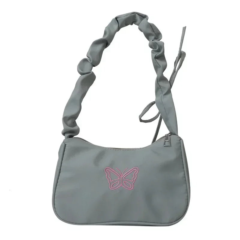 Bordado bowknot borboleta bolsa de ombro y2k-estilo plissado alça náilon arco sacola maquiagem batom bolsa nova
