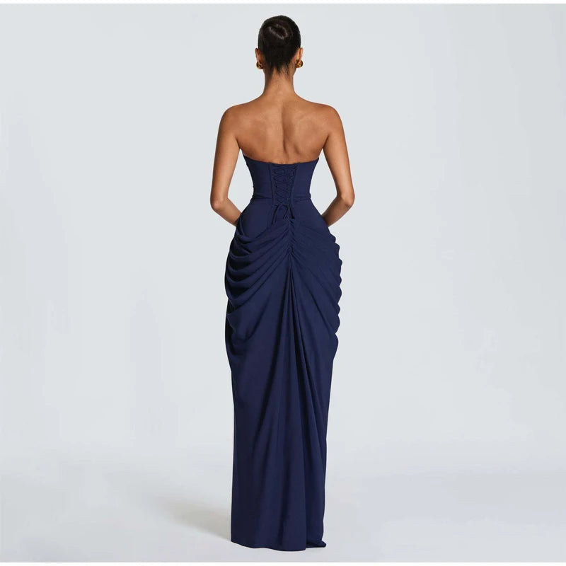 Vestido Elegante Amarelo Plissado Sem Alças para Mulheres, Chique, Sem Mangas, com Cintura Marcada e Fenda, Vestido Longo para Festas Noturnas Femininas 2026