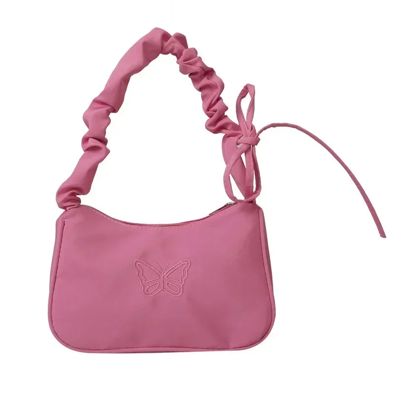 Bordado bowknot borboleta bolsa de ombro y2k-estilo plissado alça náilon arco sacola maquiagem batom bolsa nova