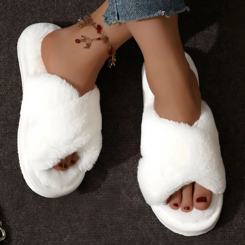 Cruz quente fofo chinelos peludos feminino leve saltos planos slides de pele mulher outono inverno dedo do pé aberto antiderrapante sapatos de chão para casa
