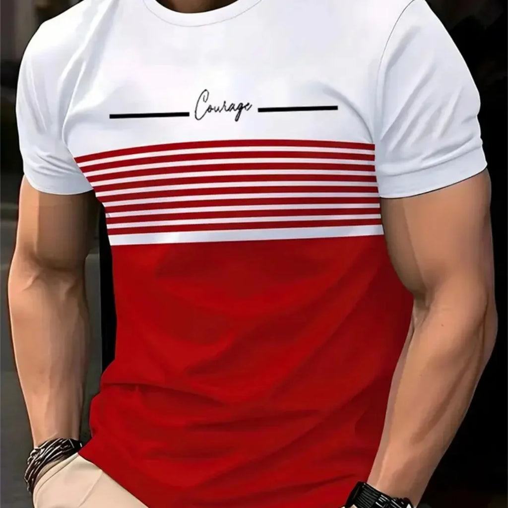 Camiseta de grandes dimensões masculina t camisa verão moda casual em torno do pescoço manga curta topo listrado impresso roupas masculinas camiseta