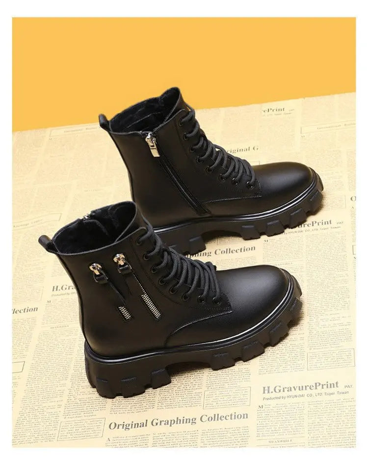 Botas 2025 novo estilo coreano forrado de lã outono inverno sapatos de algodão de alta qualidade botas femininas salto alto meados de bezerro bootsins