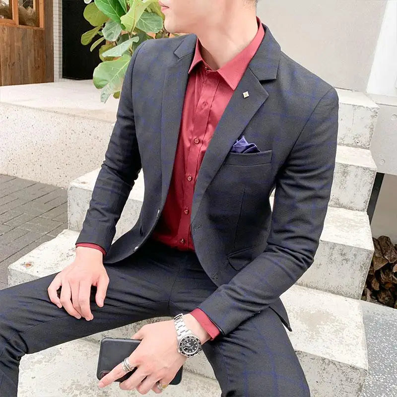 Terno de negócios fino ajuste masculino alta qualidade boutique moda conjunto de duas peças bonito tendência banquete quatro estações calças incluídas