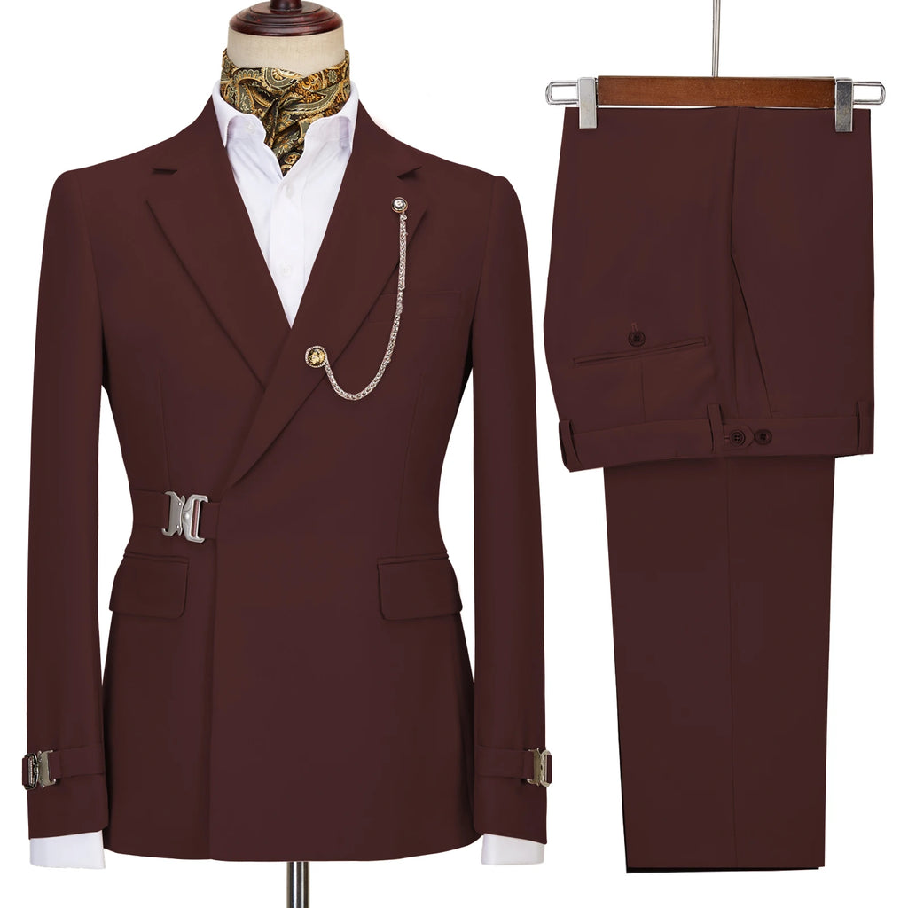 Terno de negócios masculino com fivela de metal, jaqueta casual, casaco boutique, vestido de noiva do noivo, blazers e calças, moda elegante