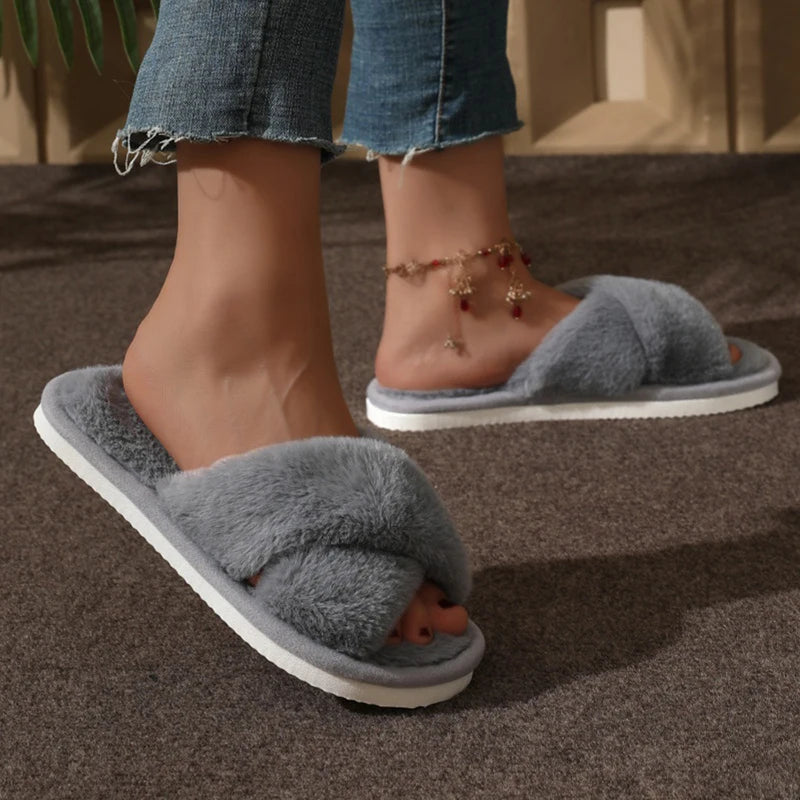 Cruz quente fofo chinelos peludos feminino leve saltos planos slides de pele mulher outono inverno dedo do pé aberto antiderrapante sapatos de chão para casa