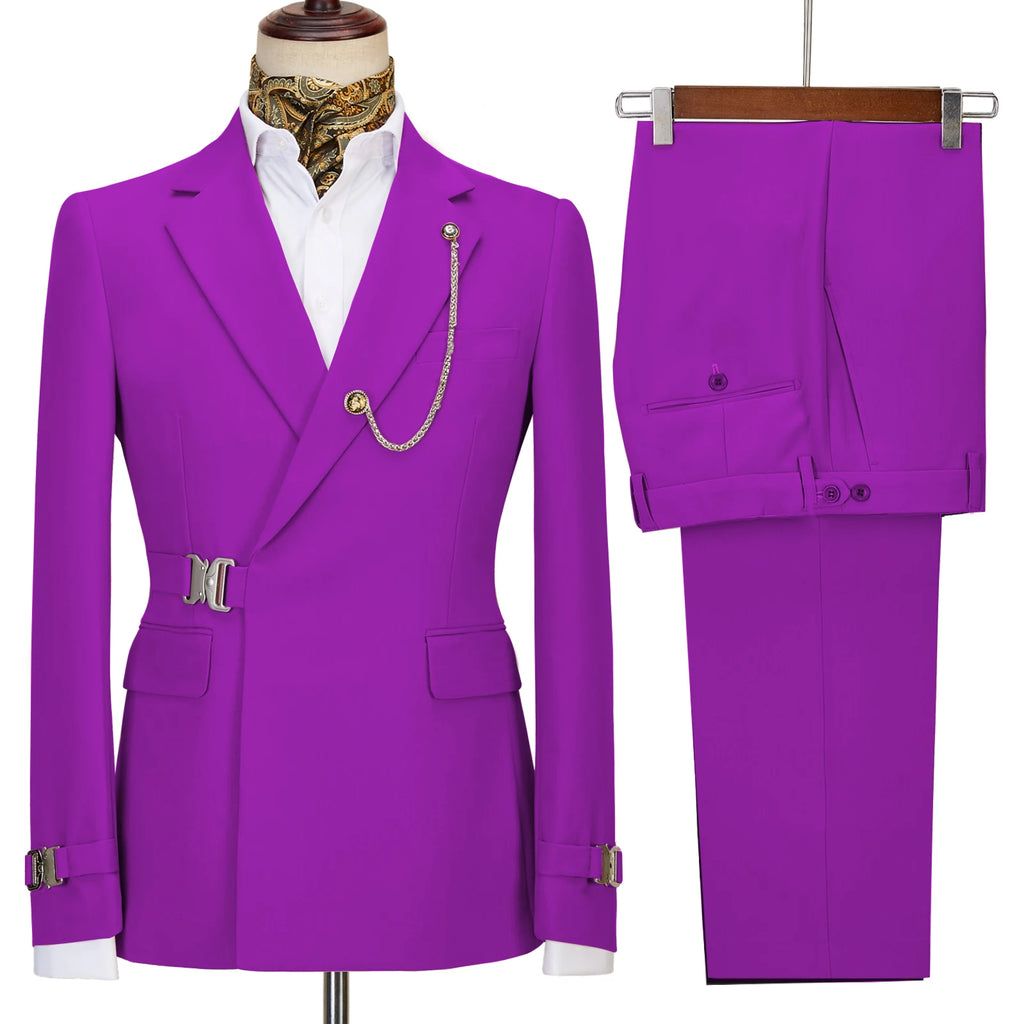 Terno de negócios masculino com fivela de metal, jaqueta casual, casaco boutique, vestido de noiva do noivo, blazers e calças, moda elegante