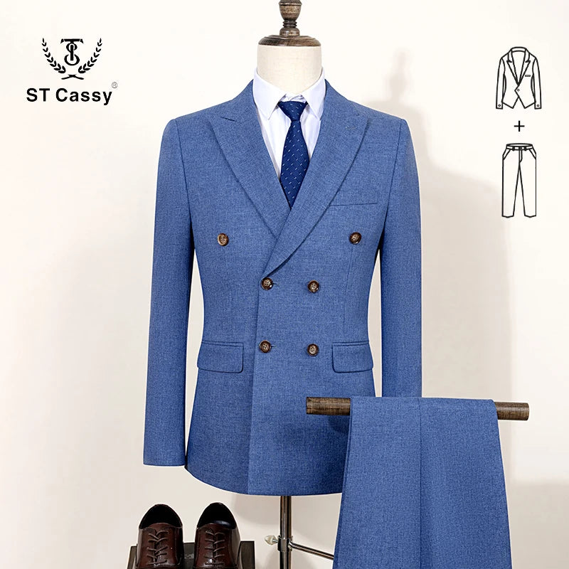 Terno masculino elegante azul escuro ST Cassy, conjunto de 2 peças, moderno, para casamento, festas, negócios e escritório.