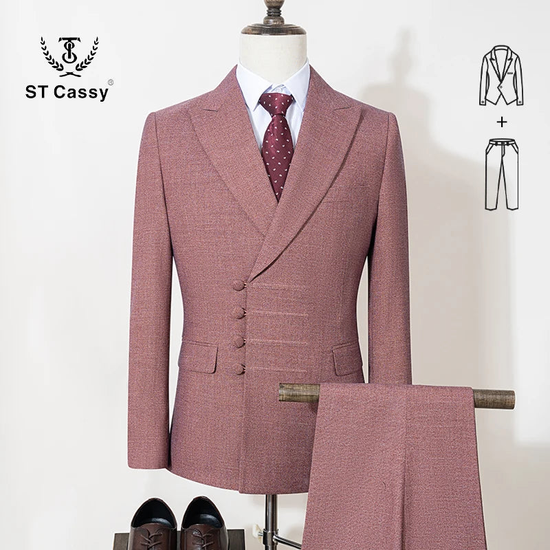 Terno masculino elegante ST Cassy para casamento, cinza, slim fit, trespassado, com vários botões, casual, para negócios, conjunto de 2 peças para festa.
