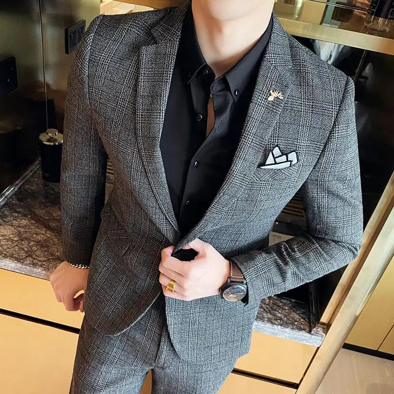 Terno de negócios fino ajuste masculino alta qualidade boutique moda conjunto de duas peças bonito tendência banquete quatro estações calças incluídas