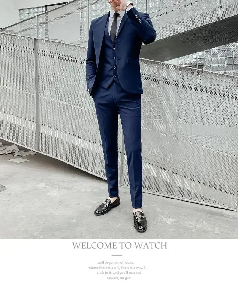 Terno (blazer + colete + calças) moda masculina negócios ao ar livre tendência cor sólida casual fino-ajuste casamento anfitrião cavalheiro terno 6xl