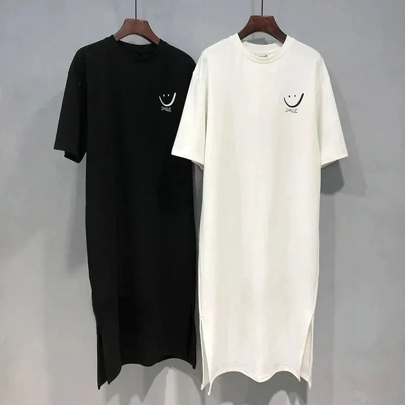 Verão feminino novo vestido camiseta de manga curta solto comprimento médio sobre o joelho vestido