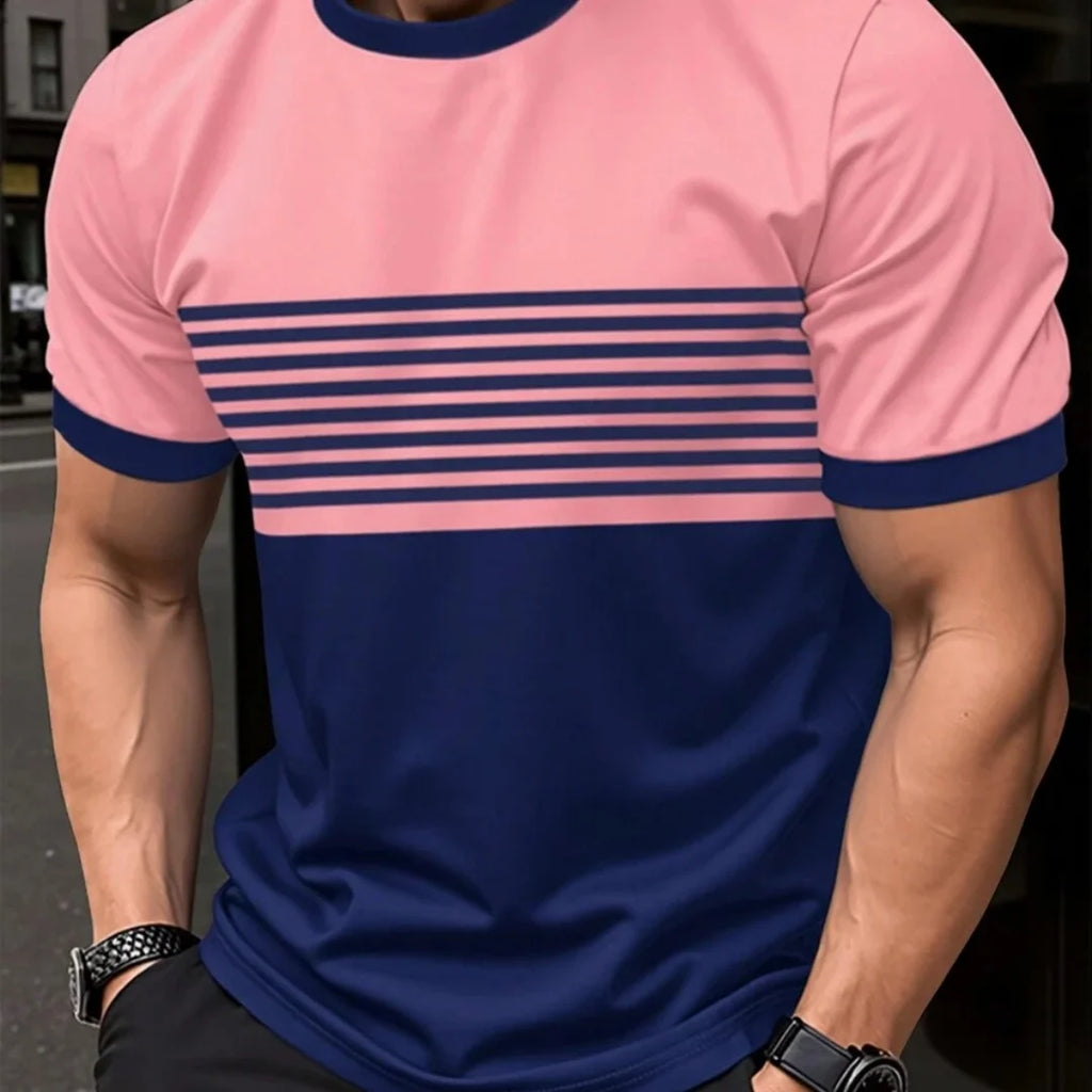 Camiseta de grandes dimensões masculina t camisa verão moda casual em torno do pescoço manga curta topo listrado impresso roupas masculinas camiseta