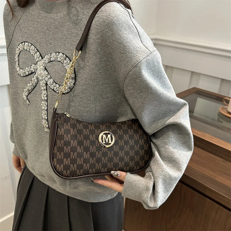 Bolsa crossbody estilo vintage, bolsa mensageiro de ombro de couro pu com design de letra dourada 'M', bolsa tote de couro sintético, bolsa