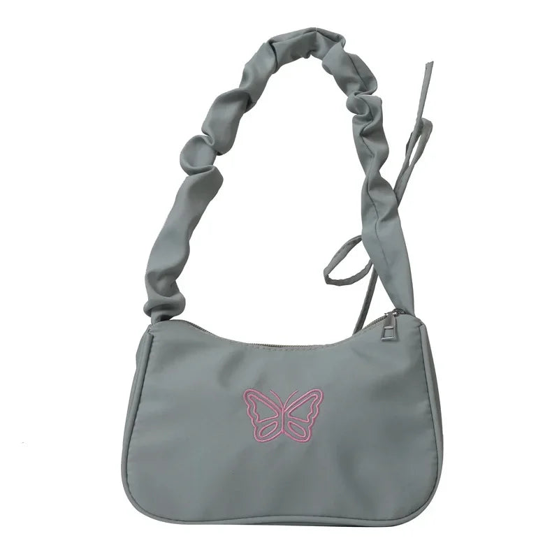 Bordado bowknot borboleta bolsa de ombro y2k-estilo plissado alça náilon arco sacola maquiagem batom bolsa nova