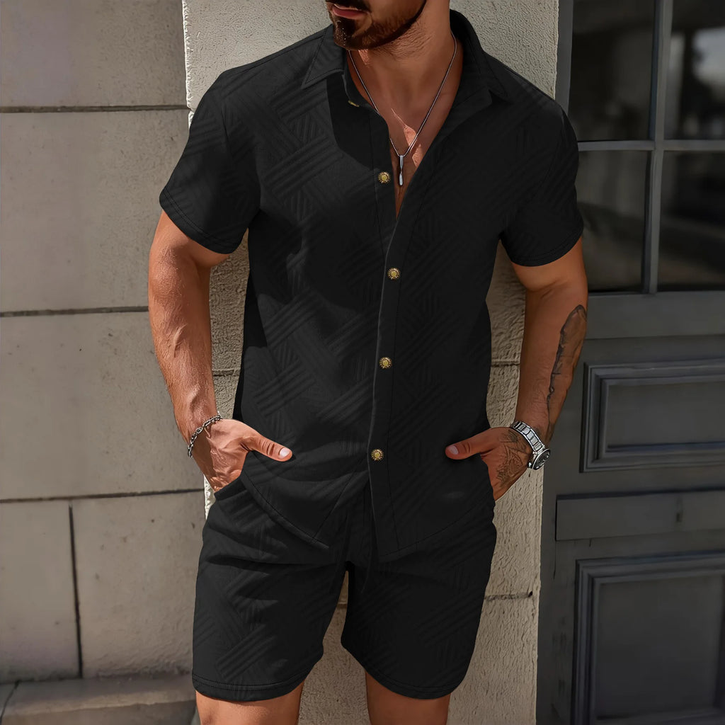 Conjunto Casual Masculino de Verão 2026: Camisa de Manga Curta com Gola Lapela em Tricô Waffle Jacquard de Cor Sólida e Shorts - Lançamento Quente!