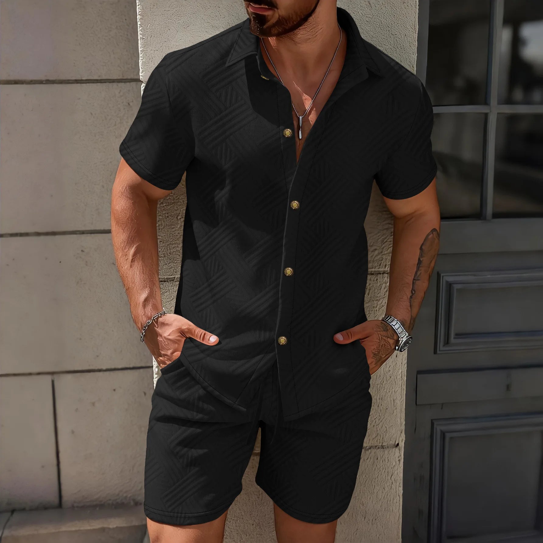 Conjunto Casual Masculino de Verão 2026: Camisa de Manga Curta com Gola Lapela em Tricô Waffle Jacquard de Cor Sólida e Shorts - Lançamento Quente!