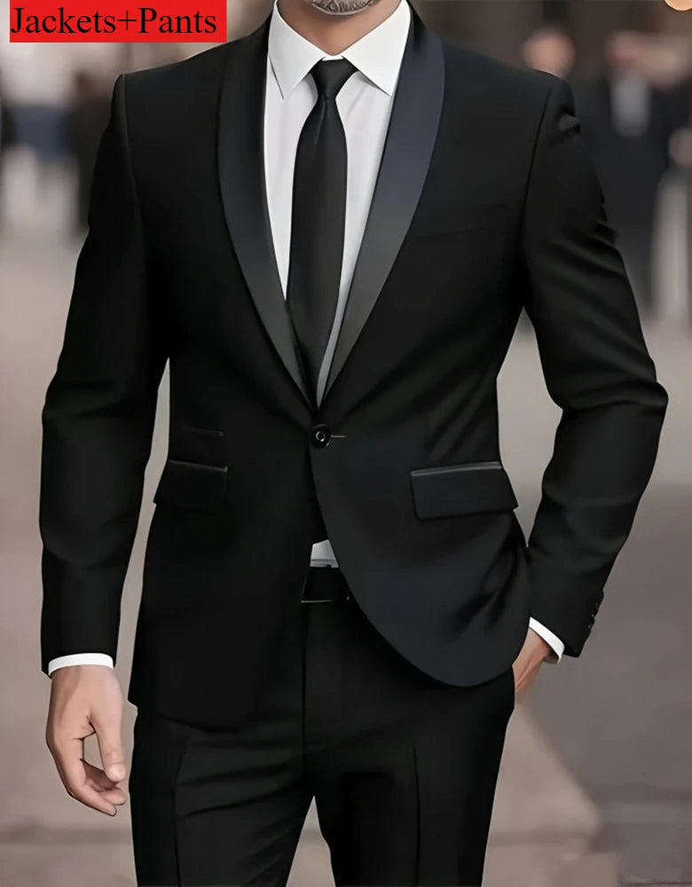 Conjunto de terno formal masculino negócios casual fino ajuste smoking para casamento, lapela de entalhe de manga longa, noivo