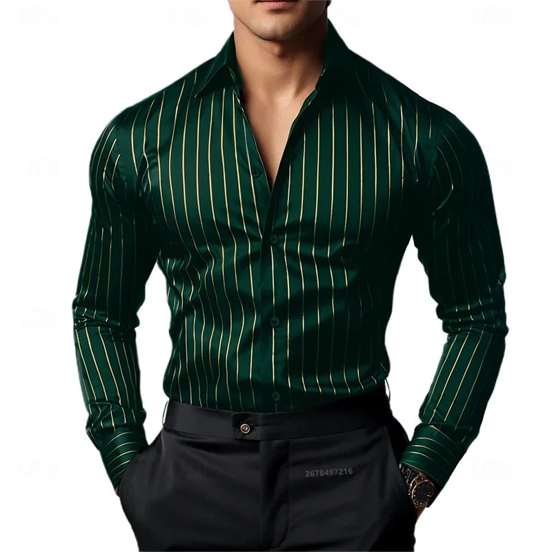 Camisa masculina listrada de manga comprida, business casual, versátil, com gola lapela e design de botão, disponível em 19 cores.