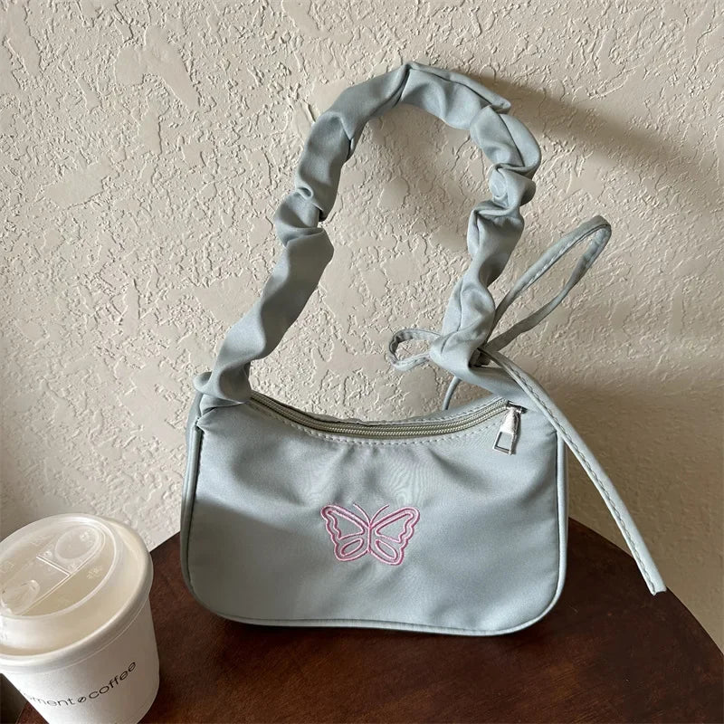 Bordado bowknot borboleta bolsa de ombro y2k-estilo plissado alça náilon arco sacola maquiagem batom bolsa nova