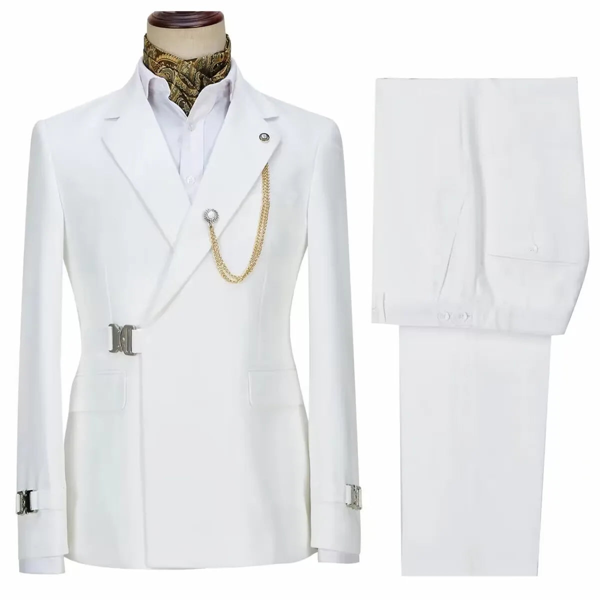 Terno de negócios masculino com fivela de metal, jaqueta casual, casaco boutique, vestido de noiva do noivo, blazers e calças, moda elegante