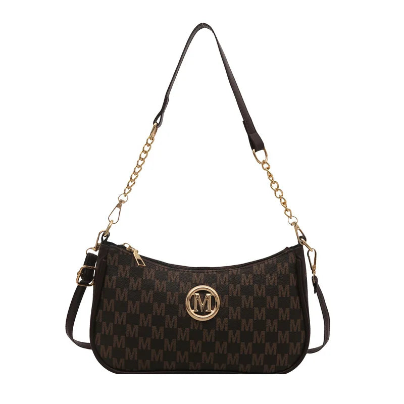 Bolsa crossbody estilo vintage, bolsa mensageiro de ombro de couro pu com design de letra dourada 'M', bolsa tote de couro sintético, bolsa
