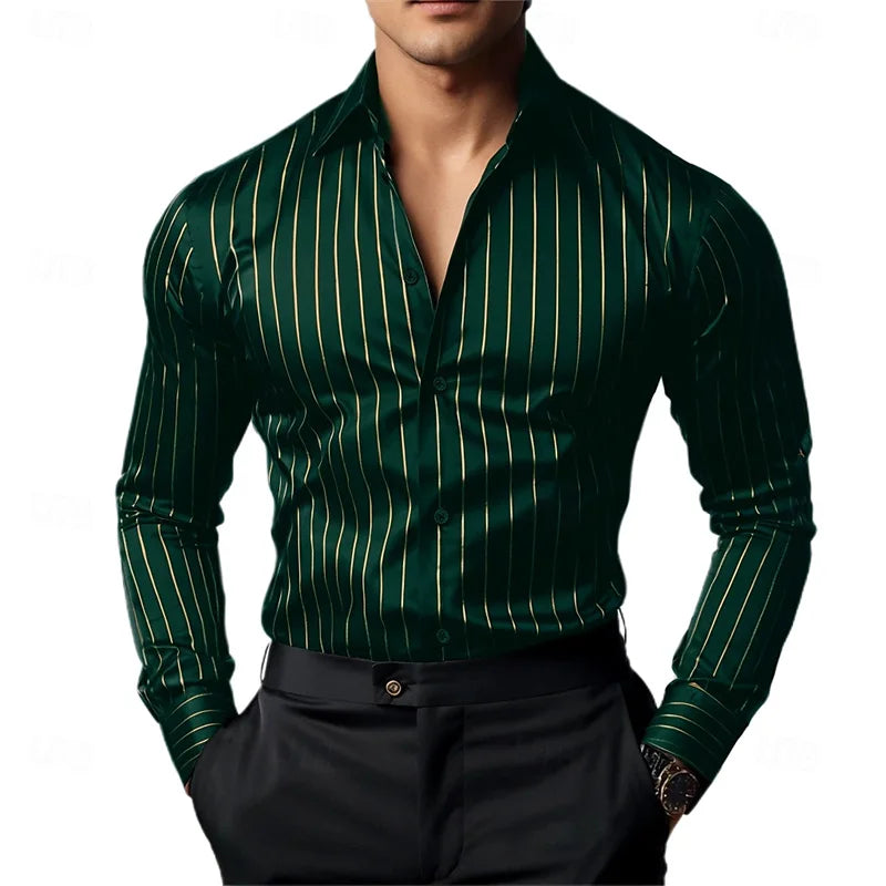 Camisa masculina listrada de manga comprida, business casual, versátil, com gola lapela e design de botão, disponível em 19 cores.