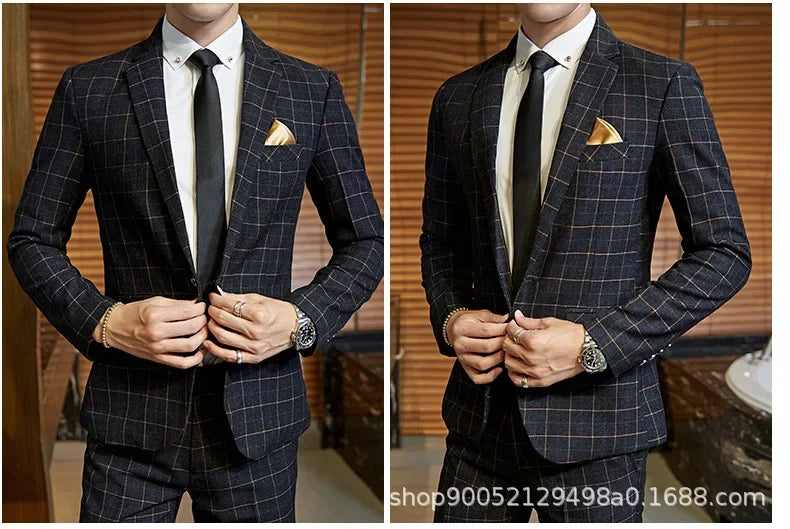 Terno de casamento xadrez fino ajuste masculino jaqueta estilo coreano negócios casual terno único breasted com conjunto de padrinhos de casamento wear