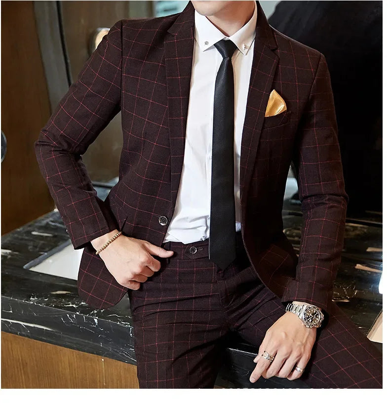 Terno de casamento xadrez fino ajuste masculino jaqueta estilo coreano negócios casual terno único breasted com conjunto de padrinhos de casamento wear
