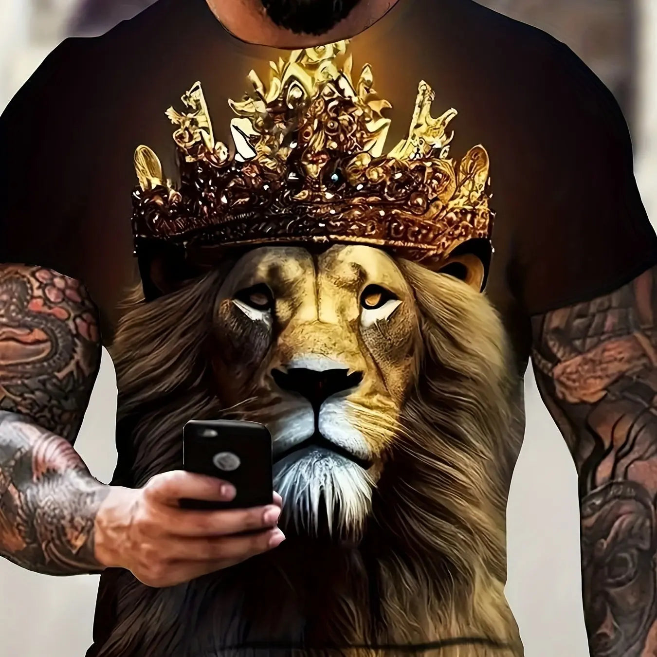 Camiseta masculina de manga curta gola redonda, leão e coroa legal impressão gráfica 3D, novidade, verão ao ar livre