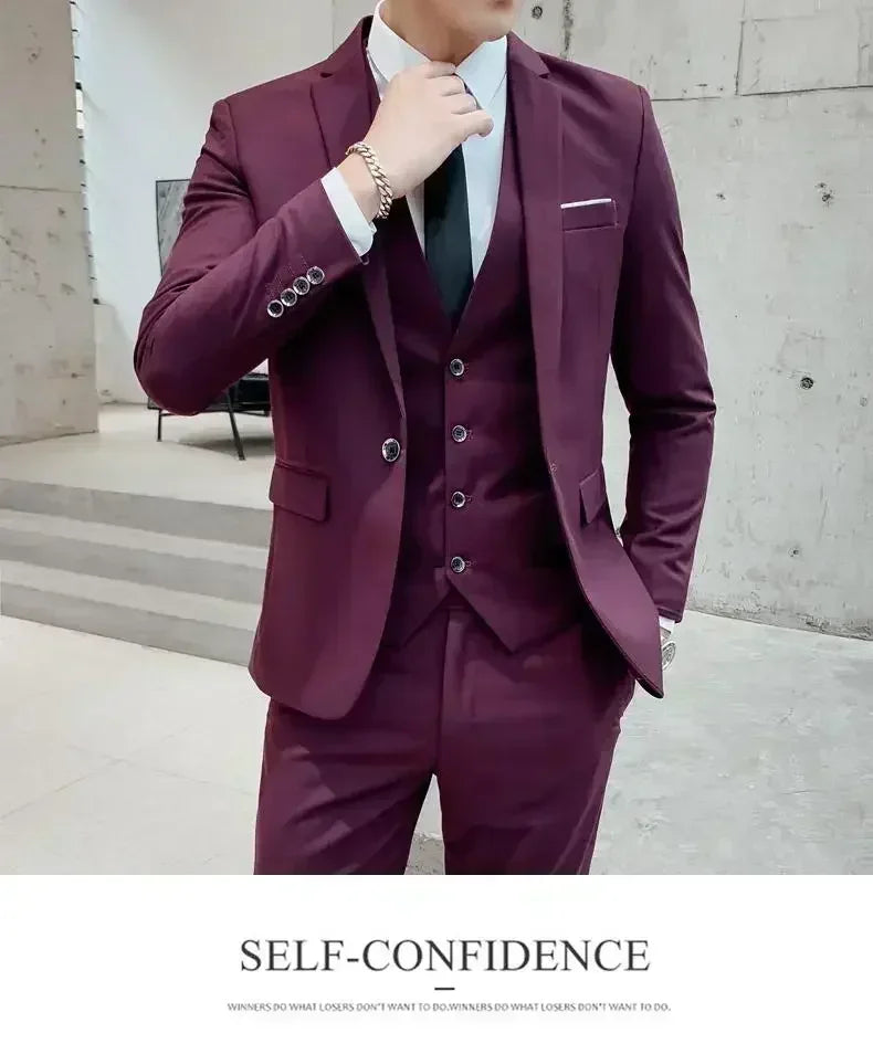 Terno (blazer + colete + calças) moda masculina negócios ao ar livre tendência cor sólida casual fino-ajuste casamento anfitrião cavalheiro terno 6xl