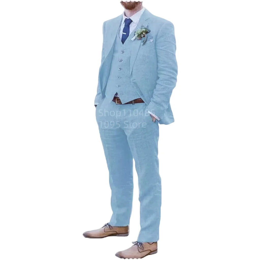 Terno de Linho Bege/Azul para Homens, 3 Peças, Slim Fit, Formal, para Casamento, Baile de Formatura, Conjunto de Smokings, Traje de Padrinho e Noivo, Novo Design