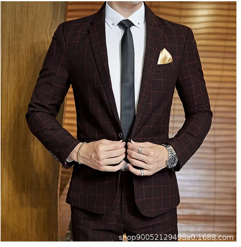 Terno de casamento xadrez fino ajuste masculino jaqueta estilo coreano negócios casual terno único breasted com conjunto de padrinhos de casamento wear