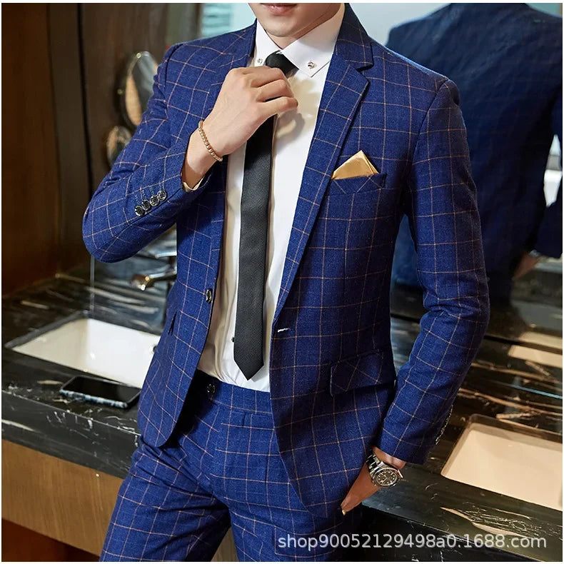 Terno de casamento xadrez fino ajuste masculino jaqueta estilo coreano negócios casual terno único breasted com conjunto de padrinhos de casamento wear