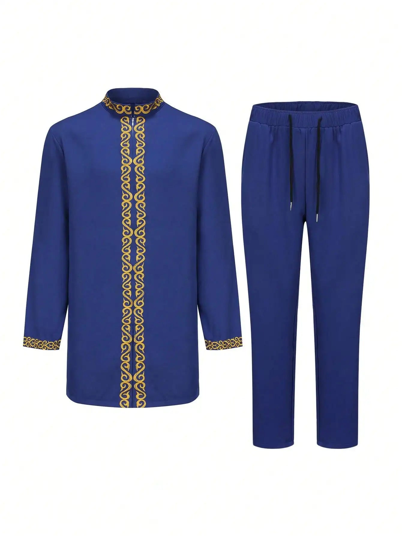 Traje Masculino Africano com Bordado Temos, Conjunto de Duas Peças, Calça Longa, Estilo Étnico Casual, Traje de Casamento, Terno para Noivos.