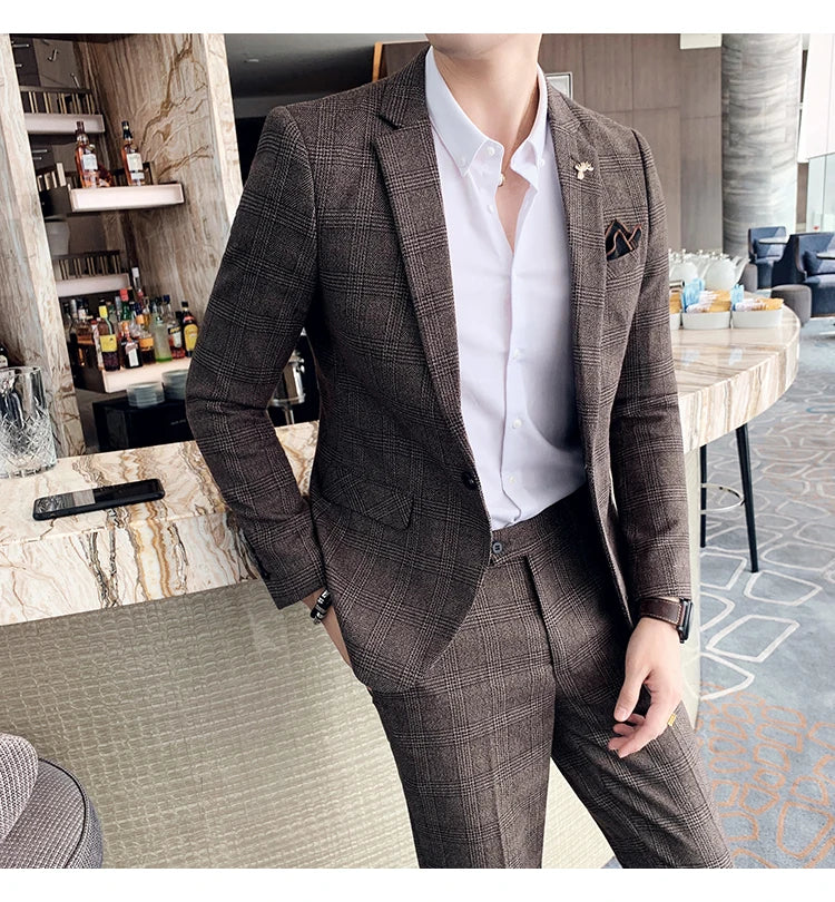 Terno de negócios fino ajuste masculino alta qualidade boutique moda conjunto de duas peças bonito tendência banquete quatro estações calças incluídas