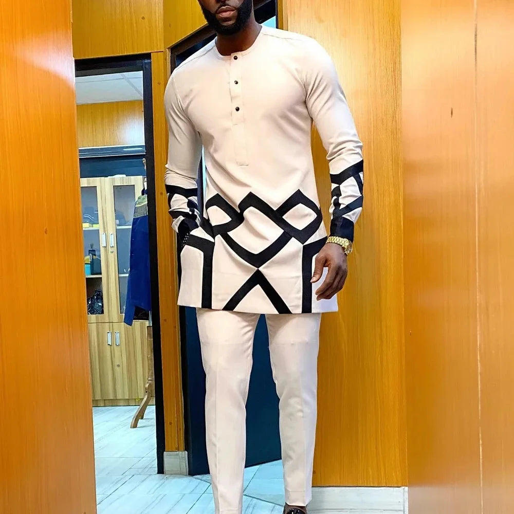 Traje Masculino Africano com Bordado Temos, Conjunto de Duas Peças, Calça Longa, Estilo Étnico Casual, Traje de Casamento, Terno para Noivos.